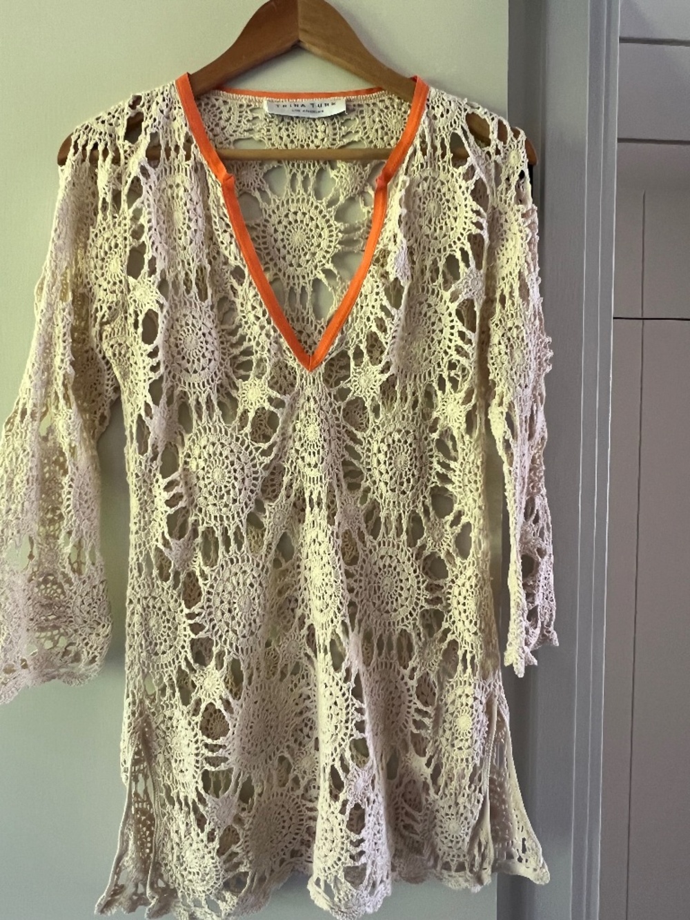 Trina Turk: Crochet Cover-Up Tunic Sweater Cream Orange Trim Boho Resort (S)